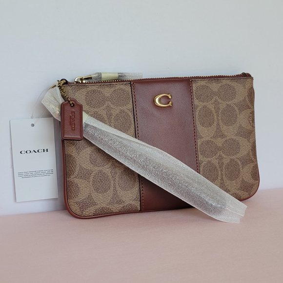 COACH Small Wristlet in Signature Logo Coated Canvas - Tan Rust⭐ - Picture 2 of 16